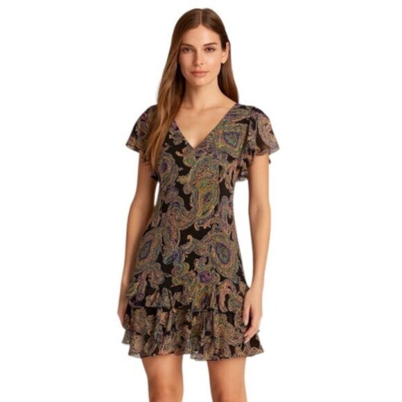 Lauren Ralph Lauren Paisley Crinkle Georgette Drop-Waist Mini Dress - Picture 1 of 14